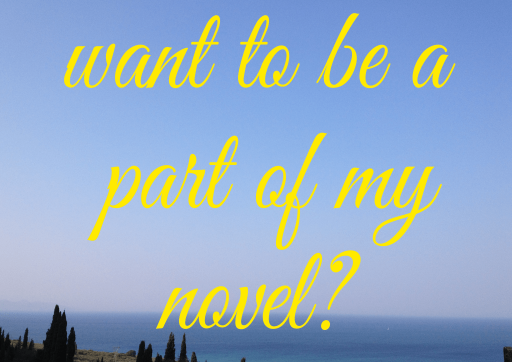 yellow text 'want to be a part of my novel' on a sky and seascape photograph