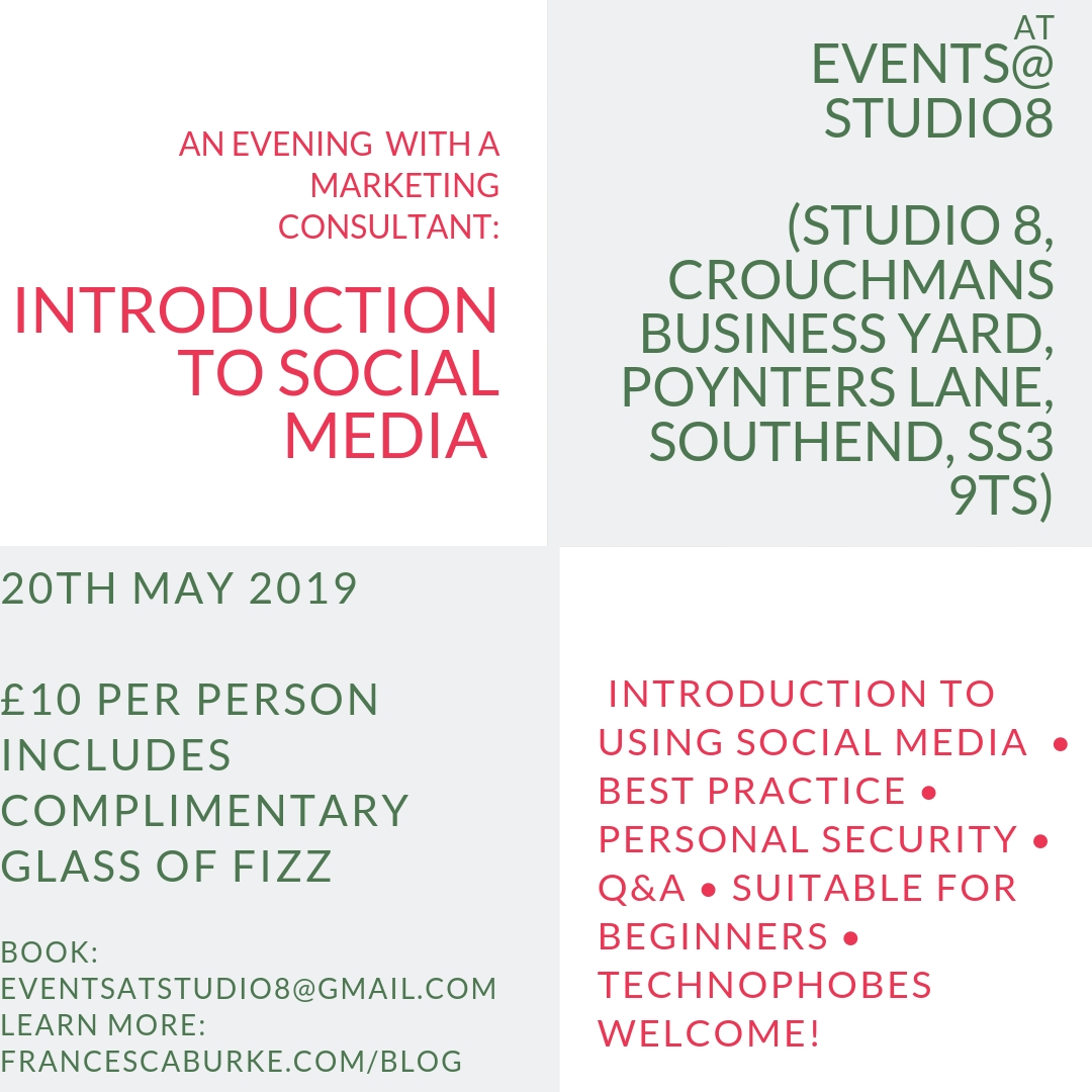 advert for Into to Social Media Evening at Events at Studio8, Southend-on-Sea