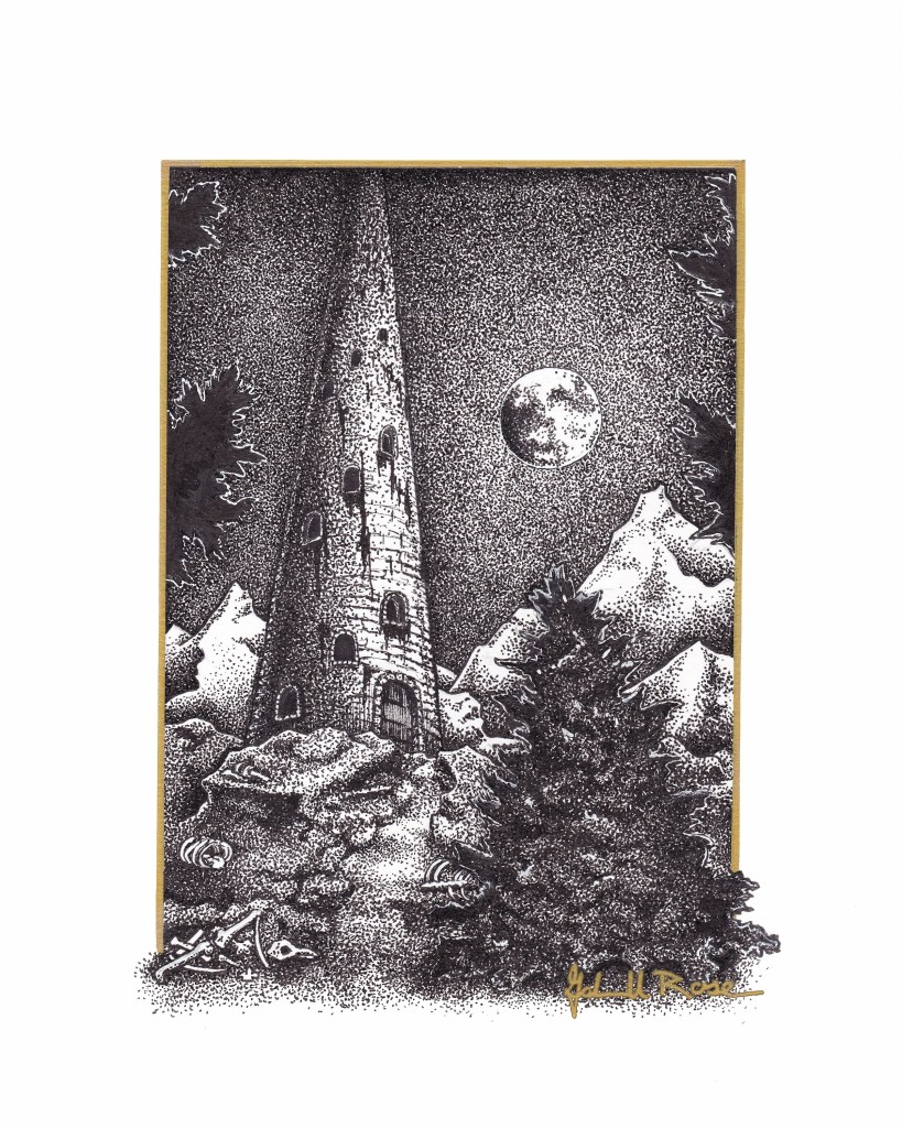 A greyscale illustration of a tower on a mountain, trees, moon and bones, by Gabrielle Rose