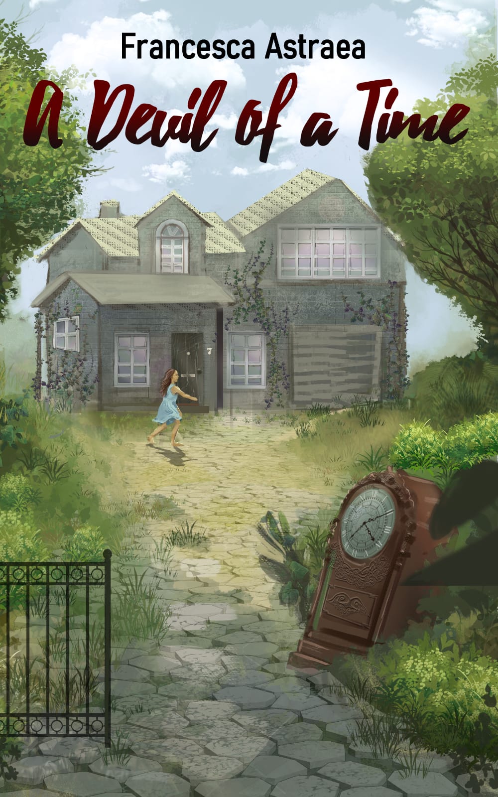 illustration of a small child in a garden with an old clock, next to an old house. Text overlaid read 'Francesca Astraea A Devil of a Time'